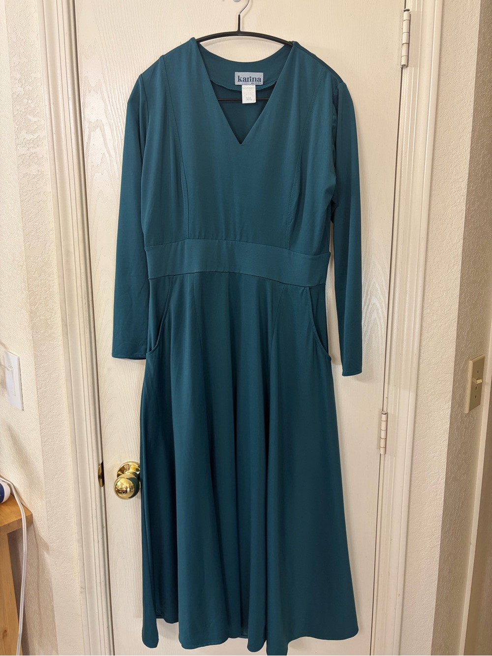 Karina Grimaldi Teal Long-Sleeve V-Neck Midi Dress